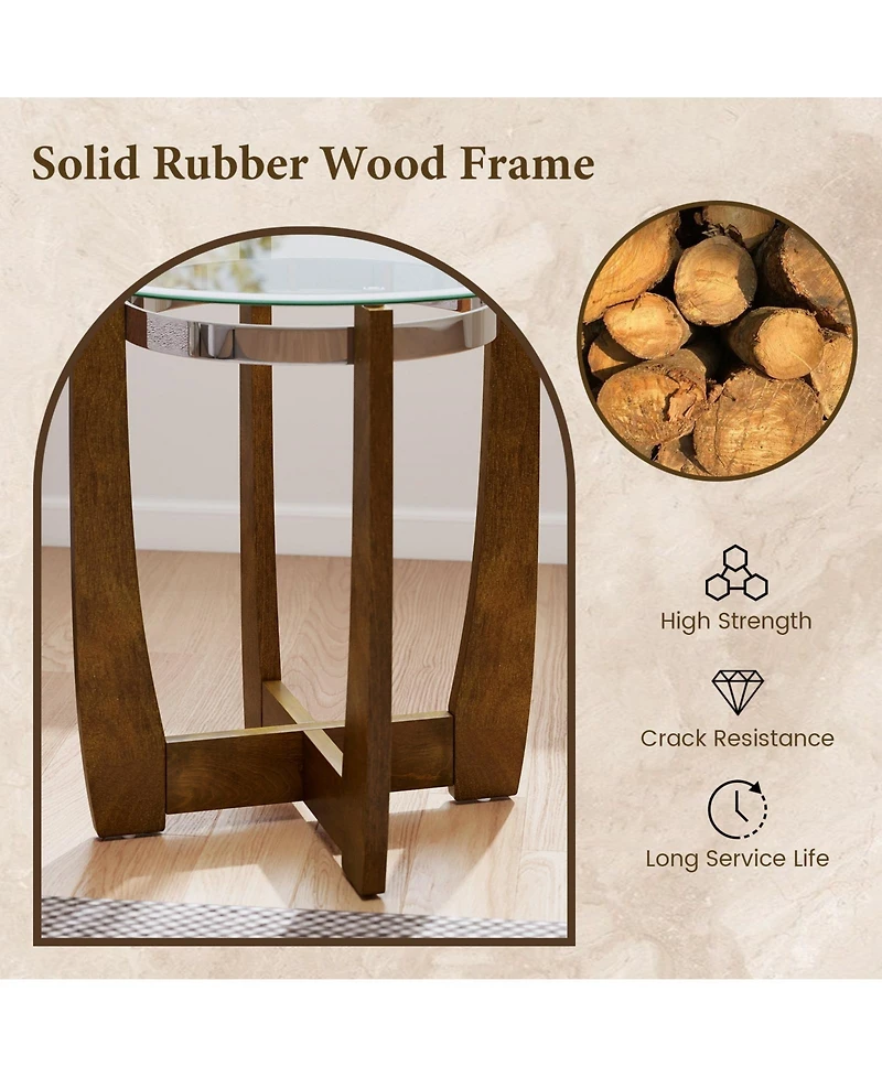 Sugift 24 Inches Round Side Table with Tempered Glass Top and Solid Rubber Wood Base-Walnut