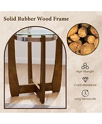 Sugift 24 Inches Round Side Table with Tempered Glass Top and Solid Rubber Wood Base-Walnut