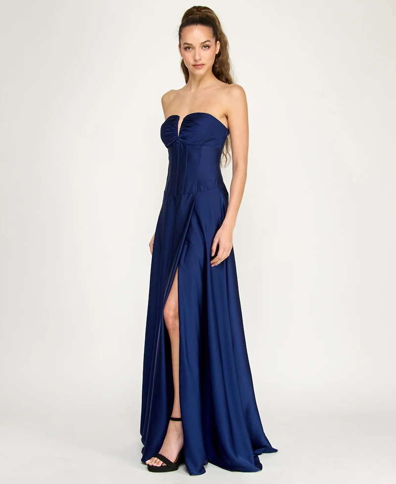 Alex & Sophia Juniors' Strapless V-Detail Polyester Slit Skirt Gown