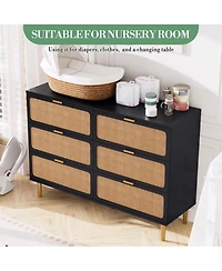 gaomon Rattan 6 Drawer Dresser Deep Storage Wide Top for Bedroom and Kids Room