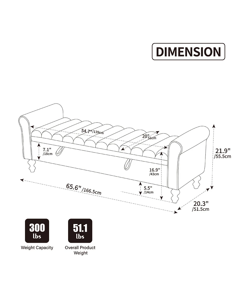 Boyel Living 65.55" Modern Upholstered Storage Bench with Rolled Armrests and Rubberwood Legs, Napped Fabric Daybed for Room, Bedroom, Ent