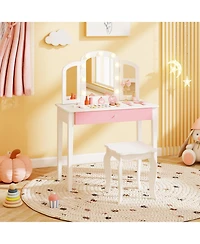 Sugift 2-in-1 Kids Vanity Table Set with Tri-Folding Detachable Mirror and Lights