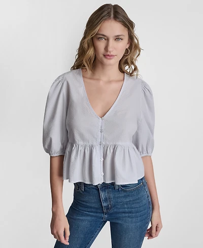 Dkny Jeans Petite Puff-Sleeve V-Neck Top