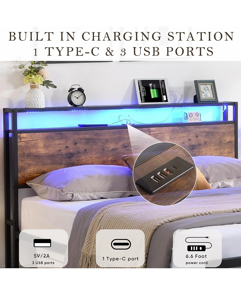 flynama Led Light Bed Frame with Storage Headboard Charging Station and Two Under Bed Drawers Metal Slat Support