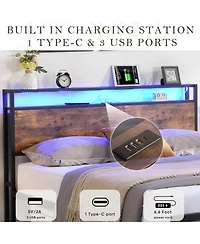 flynama Led Light Bed Frame with Storage Headboard Charging Station and Two Under Bed Drawers Metal Slat Support
