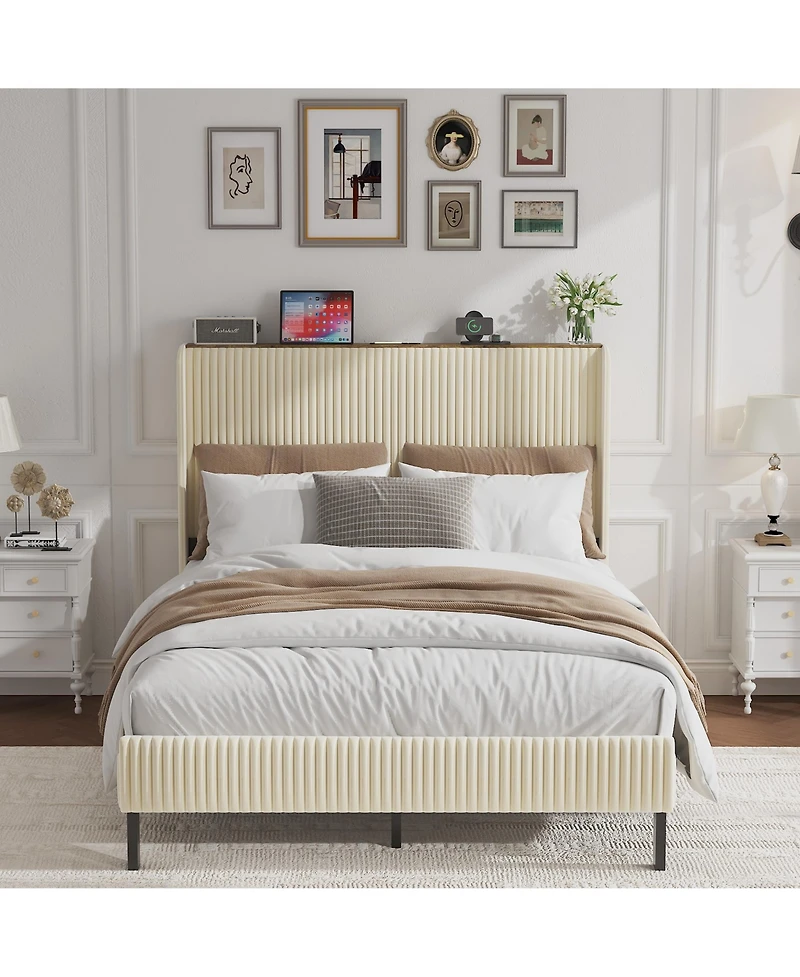 flynama Metal Platform Bed Beige Charging Station 2 Usb Ports Noise Free No Box Spring Needed