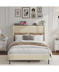 flynama Metal Platform Bed Beige Charging Station 2 Usb Ports Noise Free No Box Spring Needed