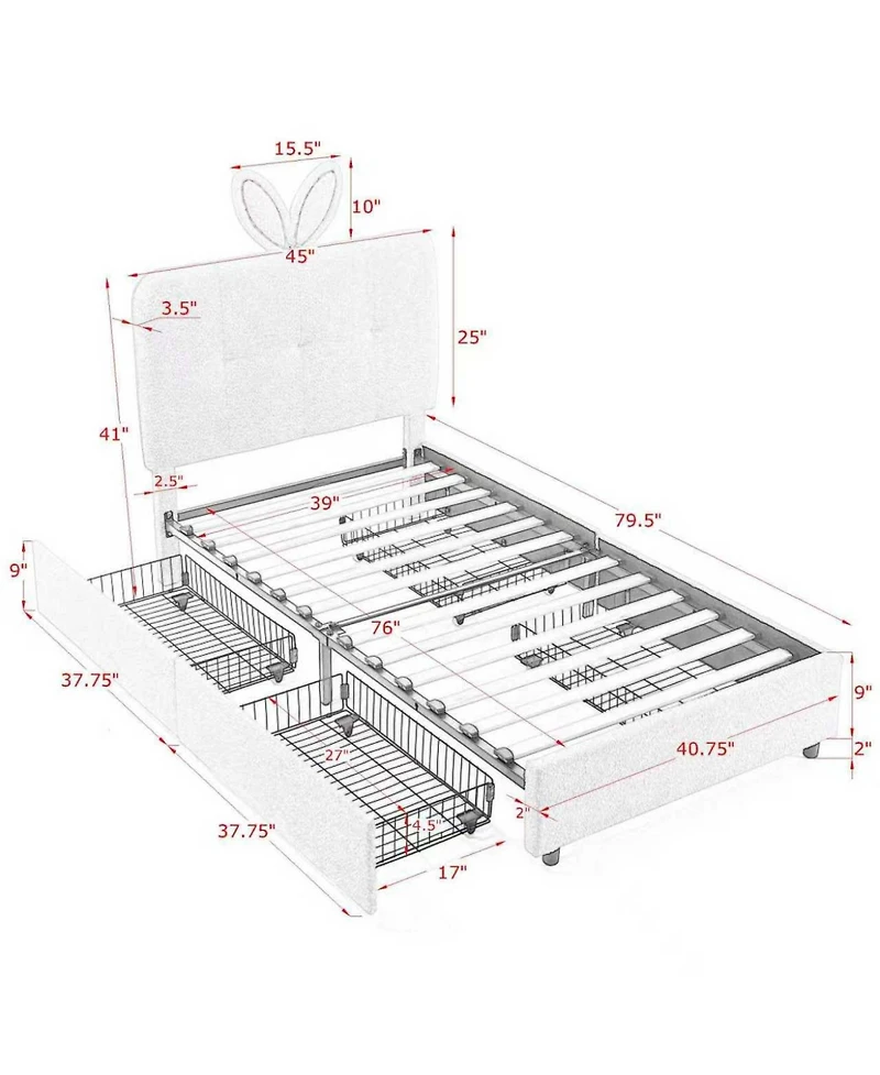 Rainsken Boucle Twin Size Kids Bed Frame, Upholstered Platform Bed with 4 Storage Drawers, Led Lights and Cute Rabbit Ear Headboard for Boys Girls