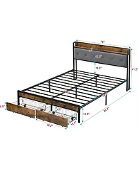 Rainsken King Size Metal Bed Frame with Storage Drawers, Charging Station, Led Lights and Upholstered Headboard, Sturdy Platform Bed for Bedroom
