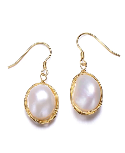 Sterling Silver 14K Gold Plated with Genuine Freshwater Pearl Dangle Earrings