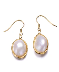 Sterling Silver 14K Gold Plated with Genuine Freshwater Pearl Dangle Earrings