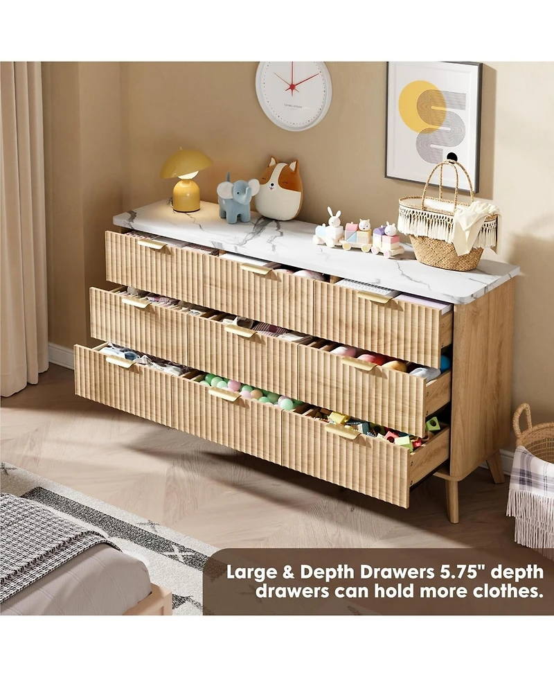 gaomon 9 Drawer Fluted Dresser 60.6-Inch-Wide Curved Profile Gold Handles