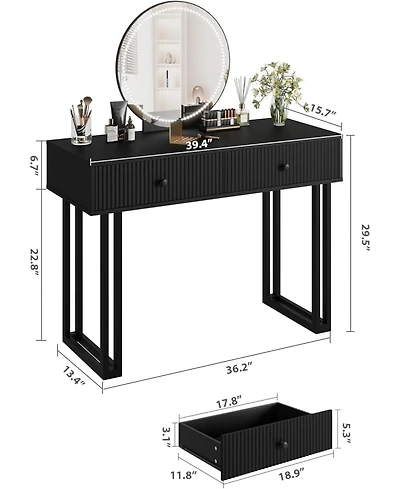 gaomon 40 Inch Vanity Makeup Desk with Hd Round Mirror and 3 Color Lights 2 Drawers