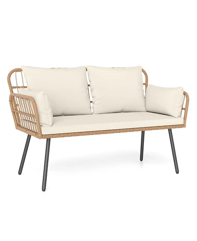 Sugift Outdoor Rattan Two Seat Chair with Cushions and Metal Legs