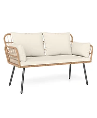 Sugift Outdoor Rattan Two Seat Chair with Cushions and Metal Legs
