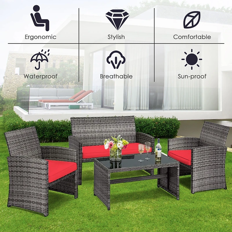 4PCS Patio Rattan Furniture Set Conversation Glass Table Top