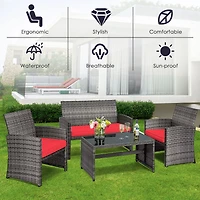 4PCS Patio Rattan Furniture Set Conversation Glass Table Top