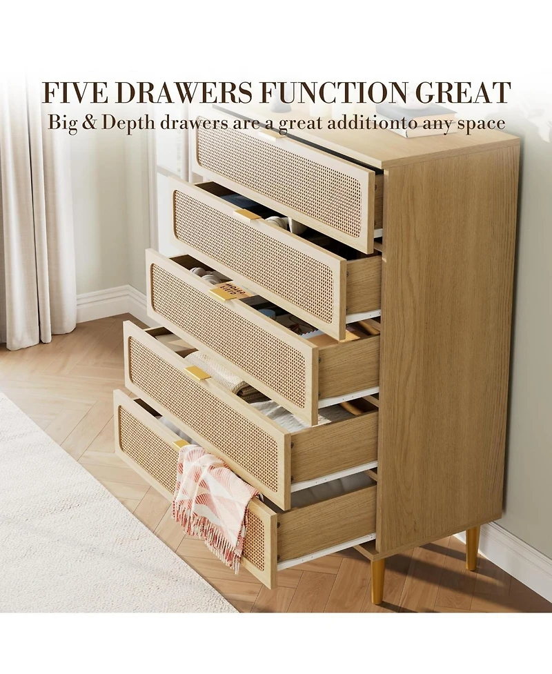 gaomon Rattan 5 Drawer Dresser Natural Deep Storage Wide Top for Bedroom and Living Room