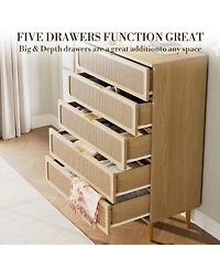gaomon Rattan 5 Drawer Dresser Natural Deep Storage Wide Top for Bedroom and Living Room