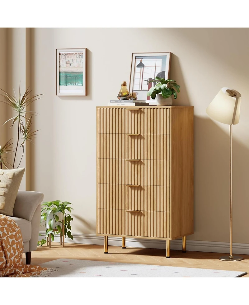 gaomon 5 Drawer Dresser Tall Fluted Wooden Organizer with Deep Drawers