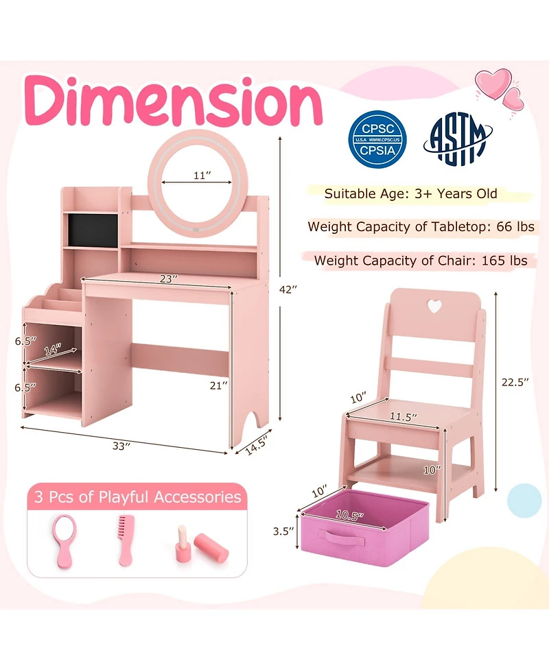 Sugift Kids Vanity Desk with Mirror and Lights Princess Pretend Play Dressing Table and Chair Set