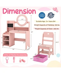Sugift Kids Vanity Desk with Mirror and Lights Princess Pretend Play Dressing Table and Chair Set