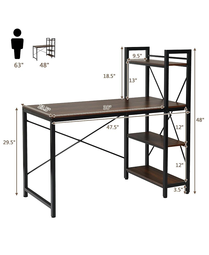 Sugift 47.5 Inch Writing Study Computer Desk with 4-Tier Shelves