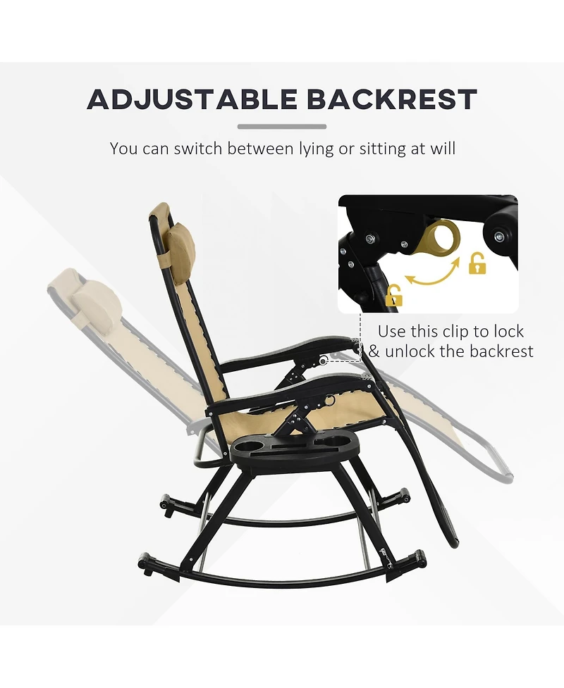 Outsunny Zero Gravity Reclining Rocking Chair, Lounge Rocker, Folding, Pillow, Side Tray, Cup and Phone Holder