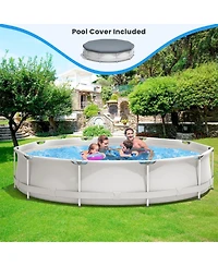 Sugift Round Above Ground Swimming Pool with Cover in Gray