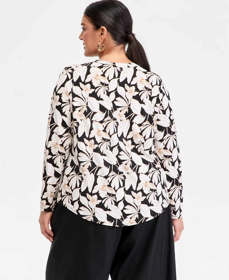 I.n.c. International Concepts Plus Printed Split-Neck Long-Sleeve Top