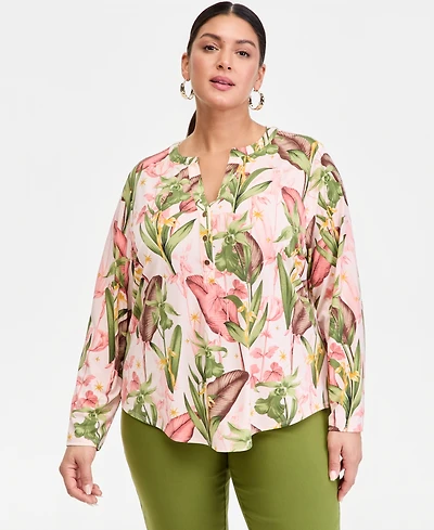 I.n.c. International Concepts Plus Size Printed Split-Neck Long-Sleeve Top, Macy's Exclusive