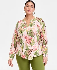I.n.c. International Concepts Plus Size Printed Split-Neck Long-Sleeve Top, Macy's Exclusive