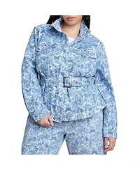 Eloquii Women's Plus Lace Printed Denim Belted Jacket