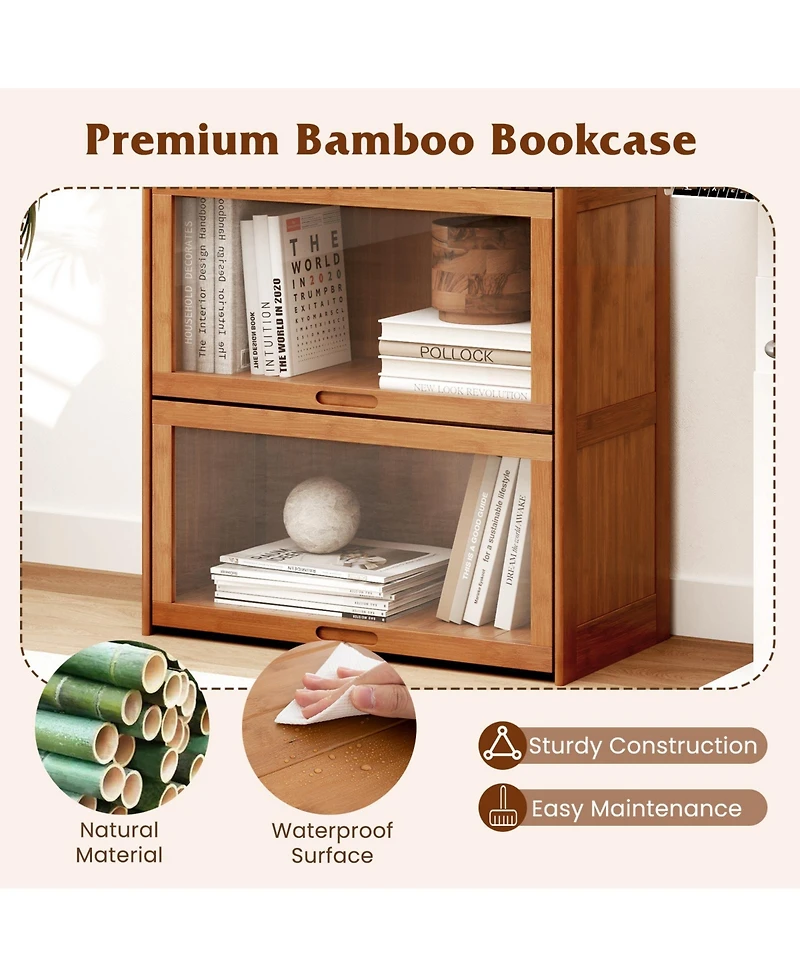Sugift Four Tier Bamboo Bookcase with Cabinet Doors and Shelves