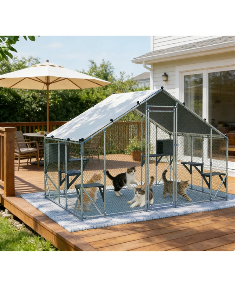 Zeus and Ruta 3 x 2/6 m Outdoor Metal Cat Cage With Diy Solid Wood Platform Double Safety Lock and Waterproof Tarp