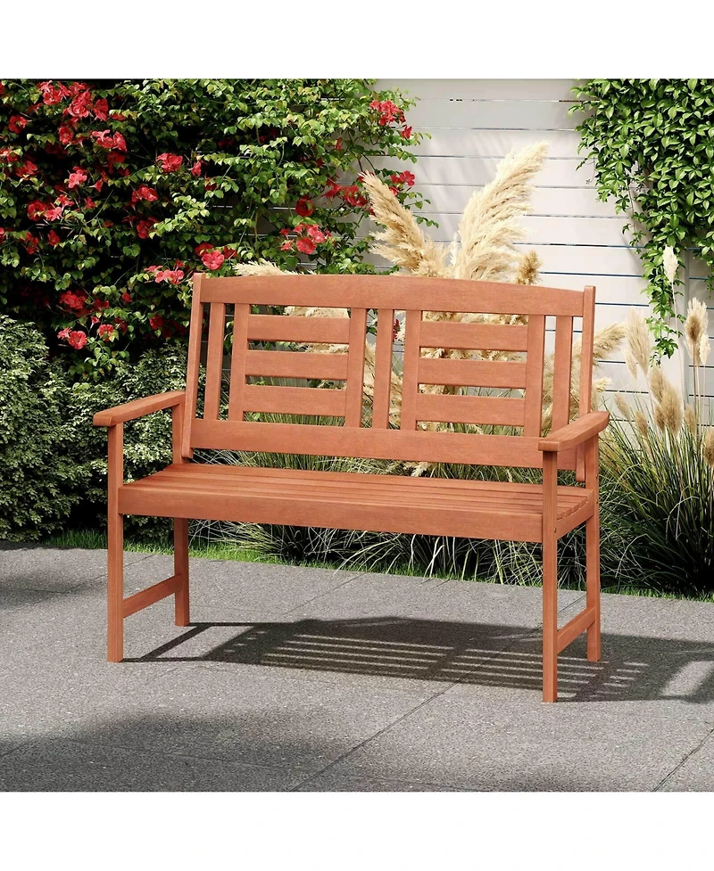 Costway Outdoor Solid Wood Loveseat with Inclined Backrest & Slatted Seat Teak Painting