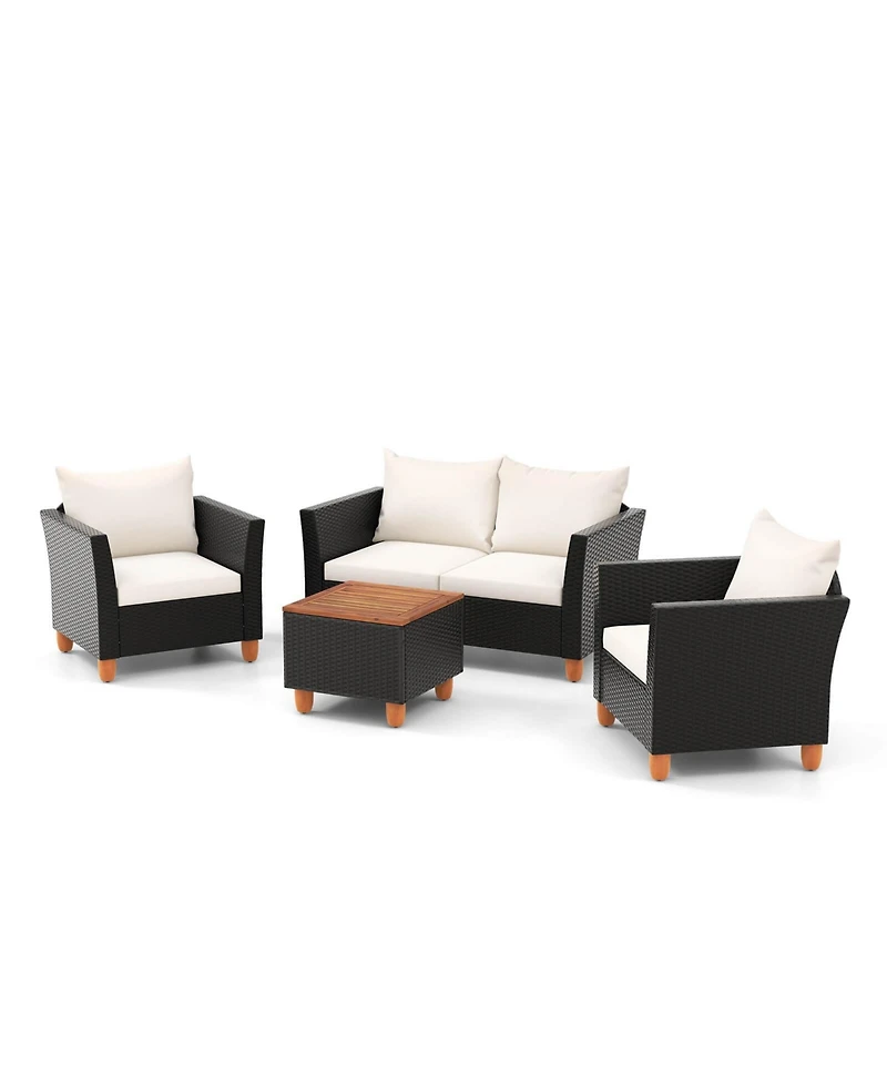 4 Pcs Wicker Patio Furniture Set with Removable Cushions Storage Coffee Table