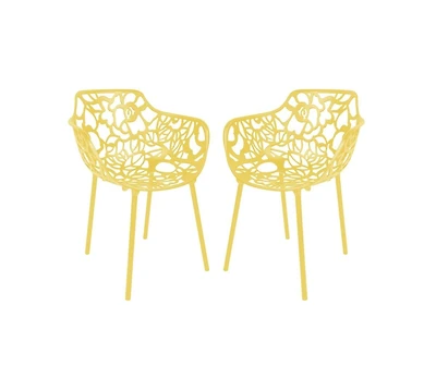 LeisureMod Devon Patio Dining Arm-Chair Set of 2 Aluminum Stackable Design Side Chair, Weather Resistant Metal Chair, Uv Protected
