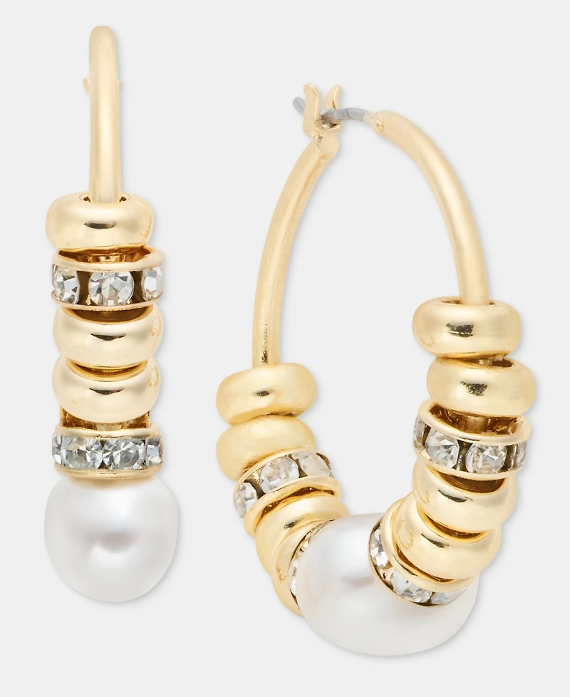 lonna & lilly Pave Bead & Imitation Pearl Hoop Earrings