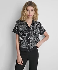 Dkny Women's Printed Short-Sleeve Camp Shirt