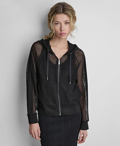 Dkny Women's Grove Crochet Mesh Zip-Up Hooded Jacket