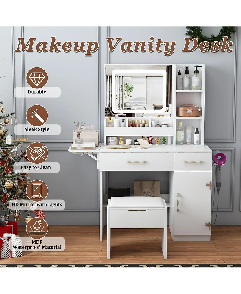 Rainsken Makeup Vanity Set with Storage Stool, Dressing Table with Led Mirror Lights, Power Outlet Charging Station, Drawers and Cabinets for Bedroom