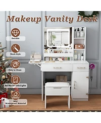 Rainsken Makeup Vanity Set with Storage Stool, Dressing Table with Led Mirror Lights, Power Outlet Charging Station, Drawers and Cabinets for Bedroom