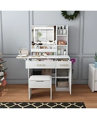 Rainsken Makeup Vanity Set with Storage Stool, Dressing Table with Led Mirror Lights, Power Outlet Charging Station, Drawers and Cabinets for Bedroom