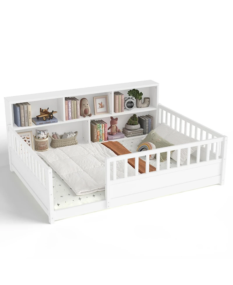 Rainsken Full Size Montessori Floor Bed Frame, Low Profile Wooden Bed with Bookcase Storage and Safety Guardrails for Boys and Girls
