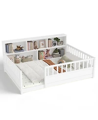 Rainsken Full Size Montessori Floor Bed Frame, Low Profile Wooden Bed with Bookcase Storage and Safety Guardrails for Boys and Girls