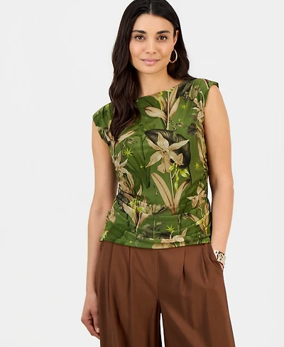 I.n.c. International Concepts Printed Sleeveless High-Neck Ruched Mesh Top, Macy's Exclusive