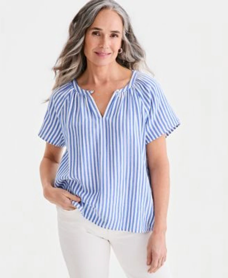 Style Co Womens Striped Gauze Flutter Sleeve Top Macys Exclusive