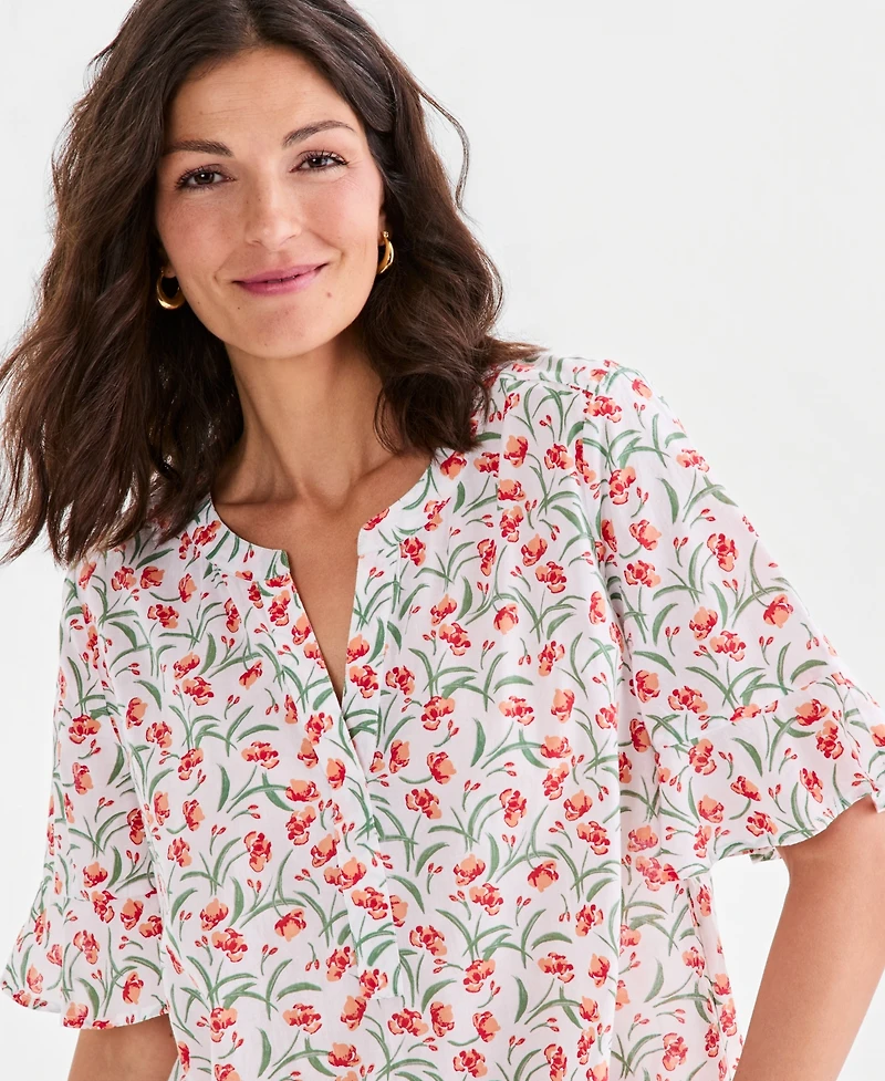 Style & Co Women's Printed Cotton Split-Neck Popover Top, Macy's Exclusive