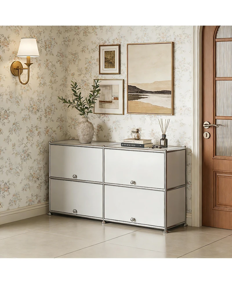 Mega Casa Multi-Purpose Storage Cabinet with Double Drawers and Open Display Shelf, Modern Metal Frame Console for Entryway or Living Room